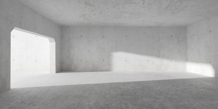 Abstract empty, modern concrete room with large industrial bay opening with sunlight and rough floor - industrial interior background template, 3D illustrationの写真素材