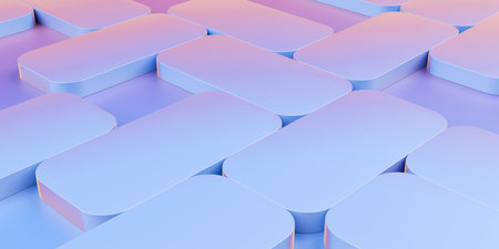 Blue and yellow abstract array of rotated rounded rectangle shapes, geometric shape background template, 3D illustrationの写真素材