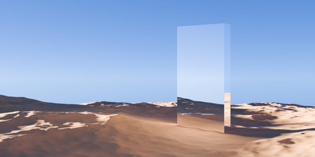 Chrome retro box or monolith in surreal abstract desert landscape with blue sky background, geometric primitive fantasy concept, 3D illustrationの写真素材