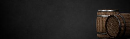 Wide banner with wooden wine or whiskey barrels, casks or kegs made from rustic oak wood over black background with copy space, 3D illustrationの写真素材