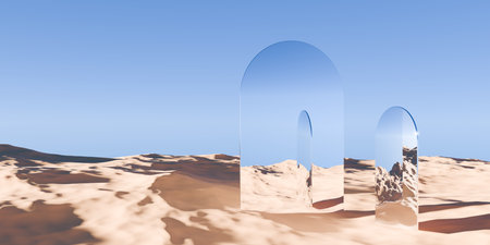 Multiple chrome retro flat geometrical objects in surreal abstract desert landscape with blue sky background, geometric primitive fantasy concept, 3D illustrationの写真素材