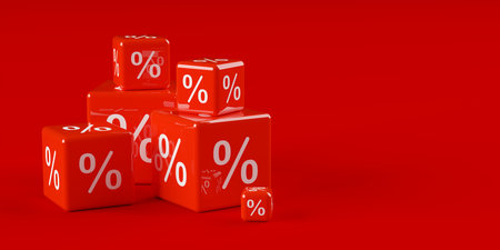 Different sized stacked red cubes or dice with percent sign symbol on red background, sale, discount...