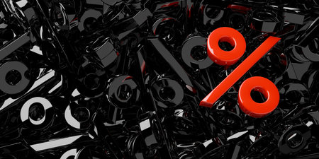 Heap of black percent sign symbols background with one red on top, sale, discount, black friday or sales price reduction concept, 3D illustrationの写真素材