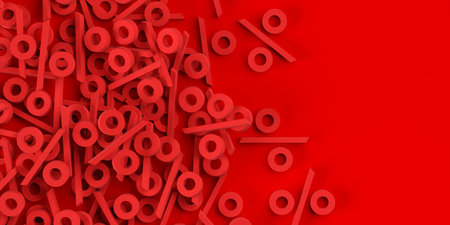 Heap of red percent sign symbols border on red background, sale, discount or sales price reduction concept, flat lay top view from above, 3D illustrationの写真素材
