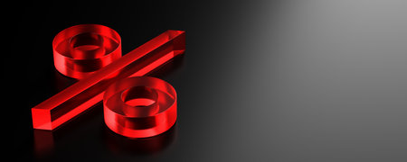 Red glass percent sign symbol on black background, sale, discount or sales price reduction concept with copy space, 3D illustrationの写真素材