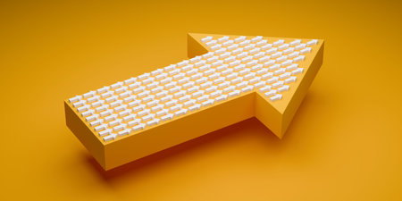 Group of white arrows on top of large orange arrow over orange background, business success, teamwork or leadership concept, 3D illustrationの写真素材