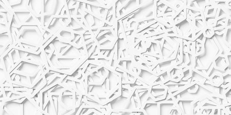 Random scaled white pentagon rings overlay background wallpaper banner pattern, 3D illustrationの写真素材