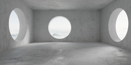 Abstract empty, modern concrete room with round window openings with cloudy mountain view and rough floor - industrial interior background template, 3D illustrationの写真素材