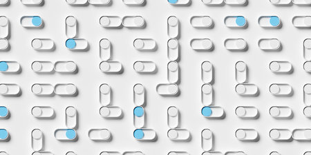 Sparse grid of switches turned on and off on white background, abstract business or data concept,...
