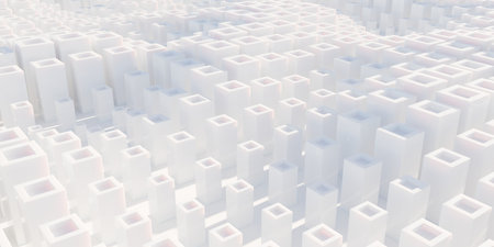 Close up of sandom scaled white tube cube boxes block background wallpaper banner, 3D illustration