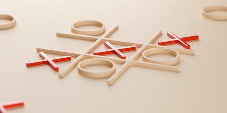 Wooden crosses and circles tic tac toe game with red crosses winner on wooden background, selective...