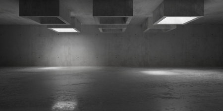 Abstract empty, modern concrete room with light shaft openings and rough floor - industrial interior background template, 3D illustrationの写真素材