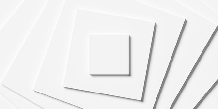 Stepped rotated white concentric squares background wallpaper banner flat lay top view from above,...