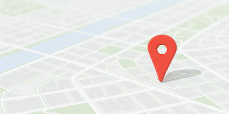 Red location marker or pin on abstract flat city map background, travel, navigation, route finding...