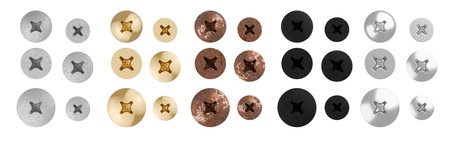 Collection or set of cross recessed screw heads with different materials, isolated on white...