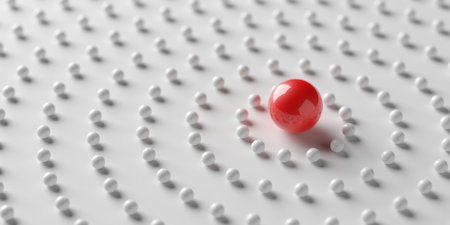 Large red sphere surrounded by circles of white spheres on white background, leader, team or success business concept, 3D illustrationの写真素材