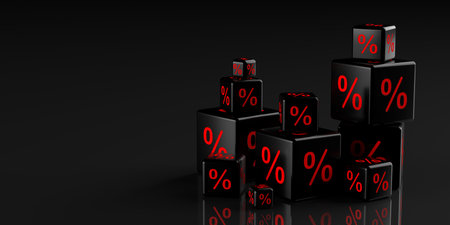 Heap of different sized black cubes or dice with percent sign symbol on black background, black friday sale, discount or sales price reduction concept, 3D illustrationの写真素材