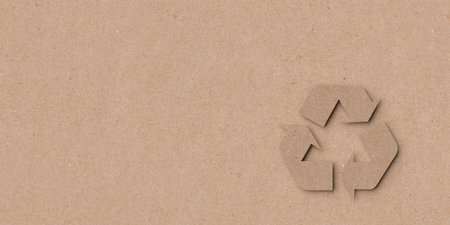 Brown recycled paper recycling symbol cut out on paper background, eco, environment or recycling concept with copy space, 3D illustrationの写真素材