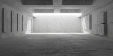Abstract empty, modern concrete room with light shining in at the back, plate offset walls and rough floor - industrial interior background template, 3D illustrationの写真素材