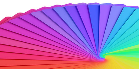Flat view on color wheel palette from red to blue rainbow colored on white background, 3D illustrationの写真素材