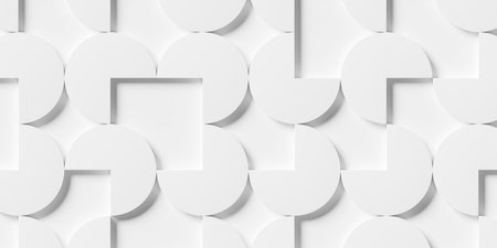 Large white three-quarter cut cylinders or circles geometry background wallpaper banner, flat lay, 3D illustrationの写真素材