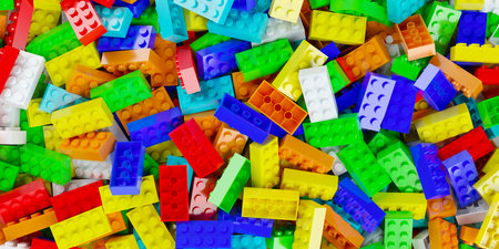 Heap of colorful plastic toy bricks or blocks, childhood or game background, flat lay top view, 3D...