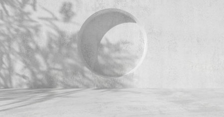 Abstract empty, modern concrete wall or room with round circular recess, outside with daylight sun, tree shadow and copy space - industrial background template, 3D illustrationの写真素材