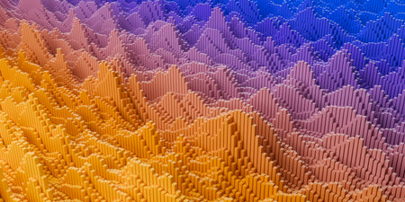 Bar graph field from orange and blue gradient cube or box mesh array background, abstract modern data visualisation, science, research or business datum concept, 3D illustrationの写真素材