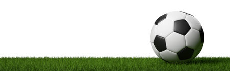 Soccer ball on green lawn or grass isolated on white background wide banner with copy space, 3D illustrationの写真素材