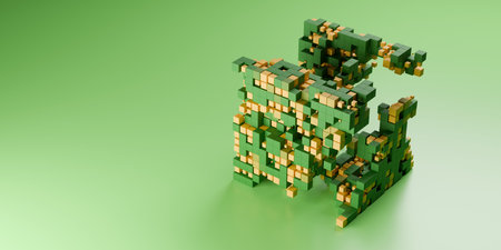 Green and yellow block of cubes with different size on green background, abstract modern data visualisation, science, research or business datum concept, 3D illustrationの写真素材