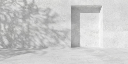 Abstract empty, modern concrete wall or room with rectangular doorframe recess or niche with tree shadow and copy space - industrial background template, 3D illustrationの写真素材