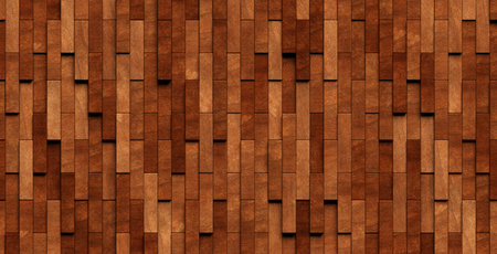 Close up of randomly offset vertically arranged wooden short oblong rectangle blocks background texture or hardwood wallpaper template, flat lay top view from above, 3D illustrationの写真素材