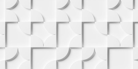 Large white quarters of cylinders or circles geometry background wallpaper banner, flat lay, 3D illustrationの写真素材