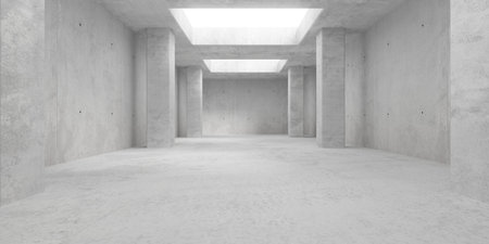 Abstract modern concrete room with row of square openings in the ceiling, pillars and rough floor - industrial interior background template, 3D illustrationの写真素材
