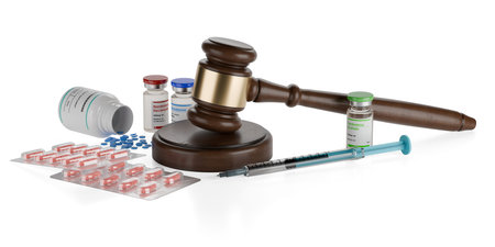Wooden gavel, judges hammer or mallet with pills, vials and syringe on white background, law, legal or court symbol or concept, 3D illustrationの写真素材