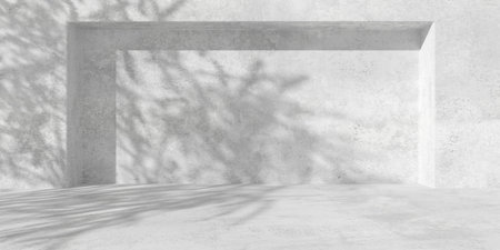 Abstract empty, modern concrete wall or room with wide rectangle recess with tree shadow and copy space - industrial background template, 3D illustrationの写真素材