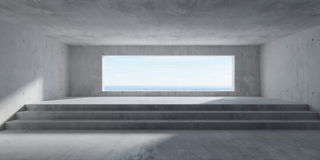 Abstract empty, modern concrete room with wide stairs in the back, window with ocean view and rough floor - industrial interior background template, 3D illustrationの写真素材