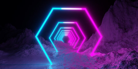 Mountain terrain landscape with pink and blue neon light glowing hexagon or honeycomb ring tunnel, retro technology or futuristic alien background template, 3D illustrationの写真素材