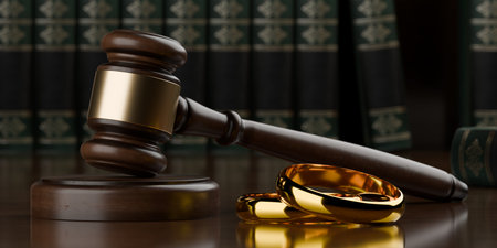Wooden gavel, judges hammer or mallet with golden wedding rings on wooden table with law books background, marriage or divorce law, legal or court symbol or concept, 3D illustrationの写真素材