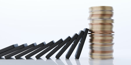 S-curve of falling black domino stones stopped by coin stack on white background, financial risk management business concept, 3D illustrationの写真素材