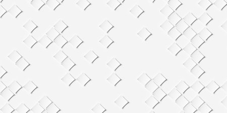 Grid of small white bend diagonally rotated squares or planes geometry background wallpaper banner sparsely scattered, flat lay, 3D illustrationの写真素材