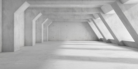 Abstract empty, modern concrete room with large angled windows, pillars and rough floor - industrial interior background template, 3D illustrationの写真素材