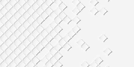 Array of small white bend squares or planes diagonally arranged geometry background wallpaper banner fading out with copy space, flat lay, 3D illustrationの写真素材