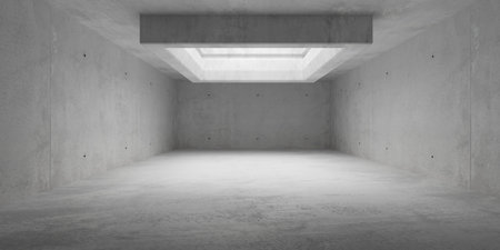Abstract modern concrete room with rectangular offset and framed light shaft and rough floor - industrial interior background template, 3D illustrationの写真素材