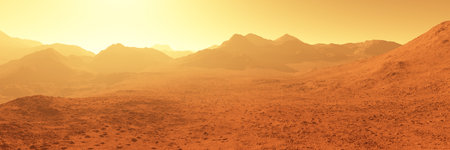 Wide view of red planet mars landscape with mountains and rocks during sunset or sunrise, science or space exploration background, 3D illustrationの写真素材
