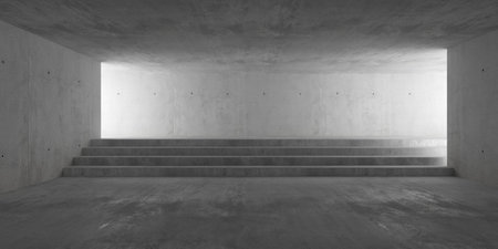 Abstract empty, modern concrete room with wide stairs in the back, indirect light and rough floor - industrial interior background template, 3D illustrationの写真素材