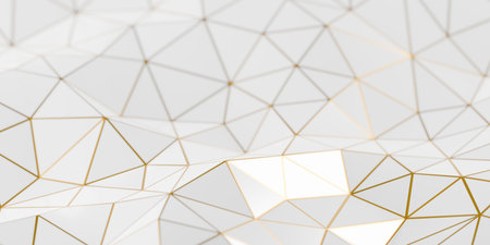 White polygon geometry abstract background with gold line inlays, modern minimal luxury background template, selective focus, 3D illustrationの写真素材