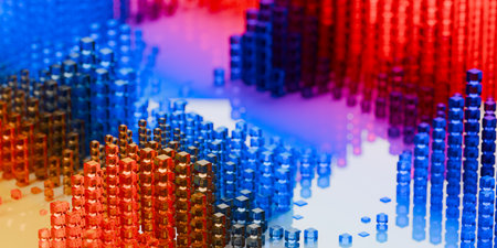 Stacks of glass cubes with different height on reflective background, abstract modern data visualisation, science, research or business datum concept, selective focus, 3D illustrationの写真素材