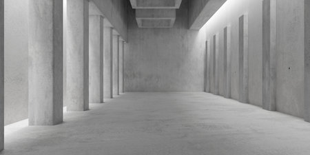 Abstract empty, modern concrete room with pillars, ceiling lights and rough floor - industrial interior background template, 3D illustrationの写真素材