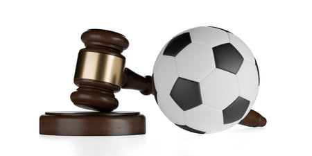 Wooden gavel, judges hammer or mallet with soccer ball on white background, sports or soccer law, legal or court symbol or concept, 3D illustrationの写真素材